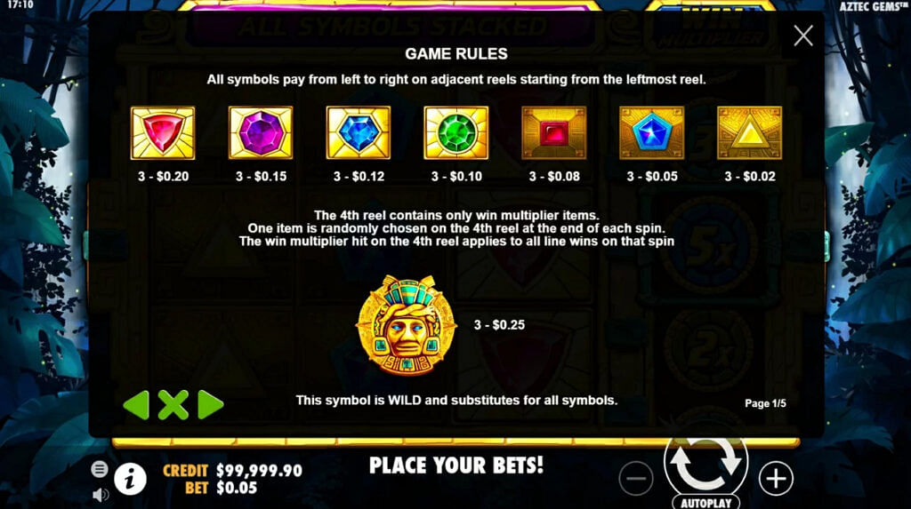 aztec gems prgamatic play paytable slot online demo